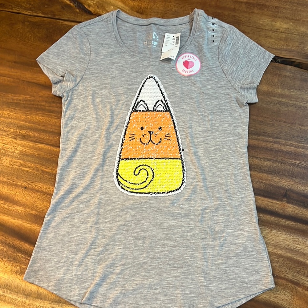 NEW REVERSIBLE SEQUINS JUSTICE STORE GIRL’S HALLOWEEN SIZE 12 SHIRT HEATHER GRAY